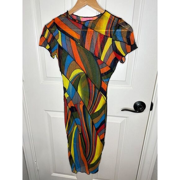 Lilly’s Kloset Multicolor Striped Mesh Bodycon Midi Dress Sz S Festival Artsy - Picture 1 of 5